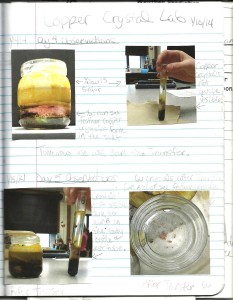 A middle school student notebook sample of a copper crystal growth lab. The focus of the lab was making reliable and reproducible data and observations.